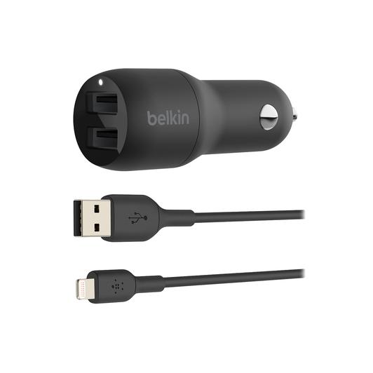 Belkin - Boost Up Charge Dual Port USB-A Car Charger 24W With Apple Lightning Cable 3ft - Black