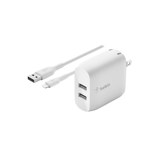 Belkin - Dual Port USB-A 24W Wall Charger With Apple Lightning Cable 3ft - White
