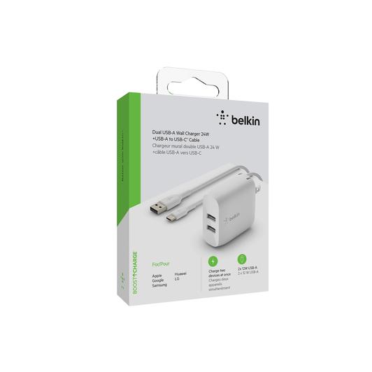 Belkin - Dual Port USB-A 24w Wall Charger With USB-A To USB-C Cable 3ft - White
